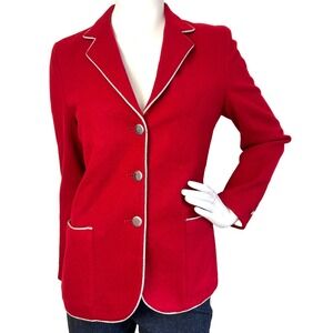 Vtg Harrow Clothiers 100% Pure Wool Red Equestrian Blazer Gray Trim England Medi